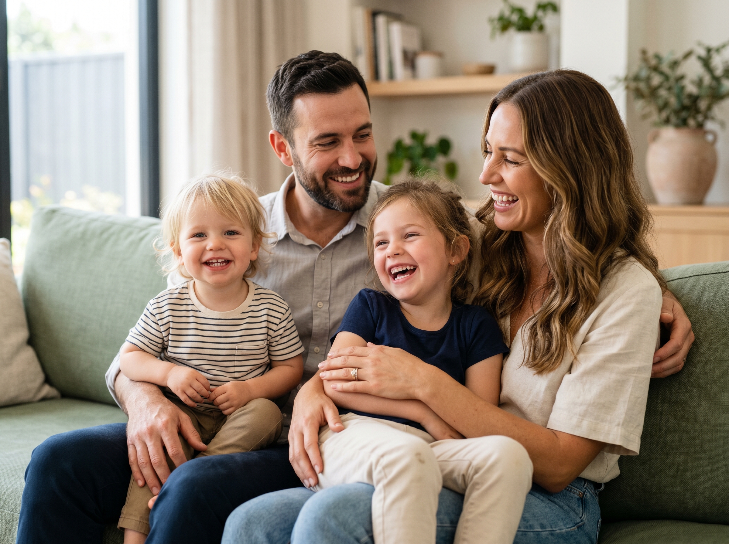 A young Banff family laughing together at home